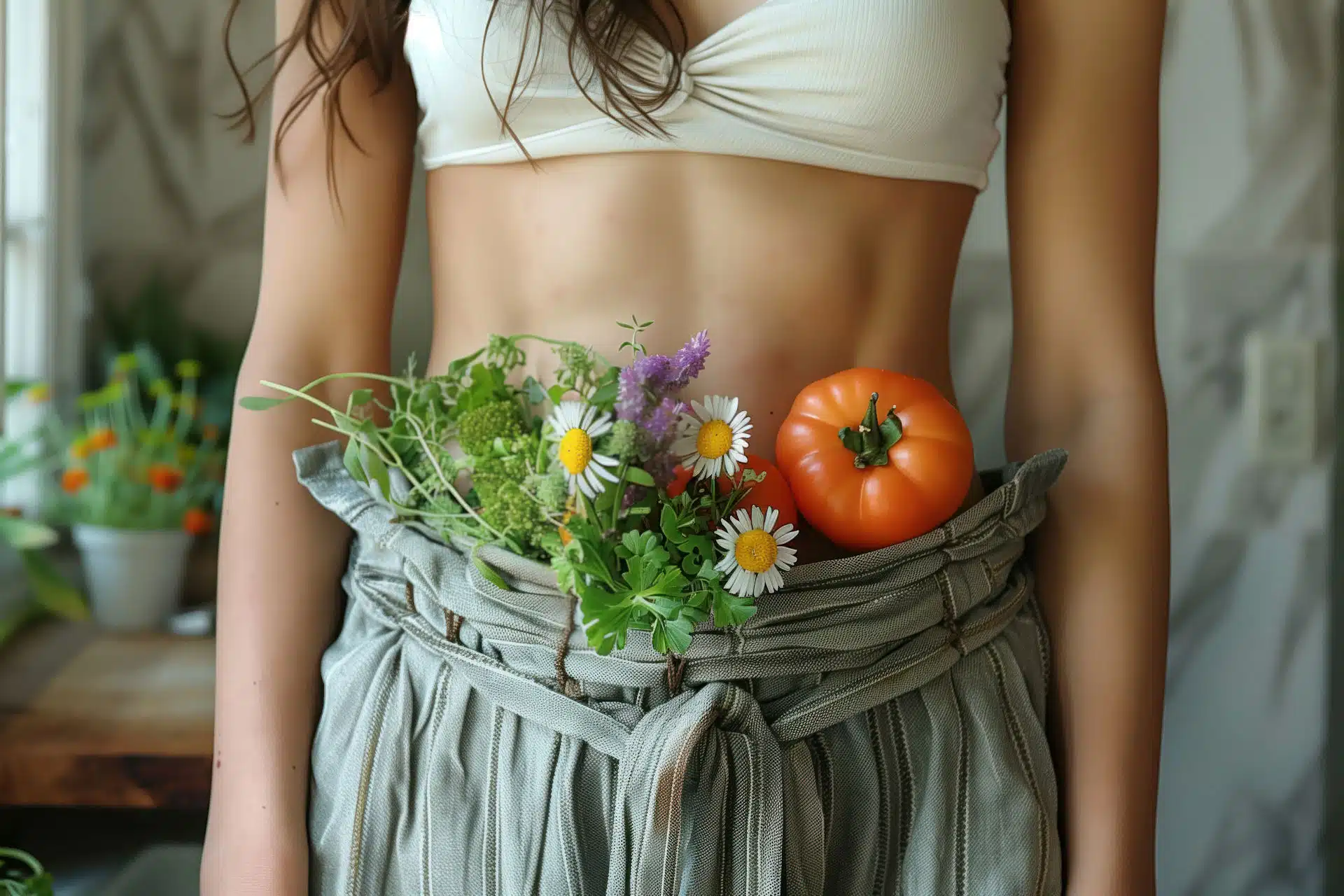 woman with flowers tuck in belly