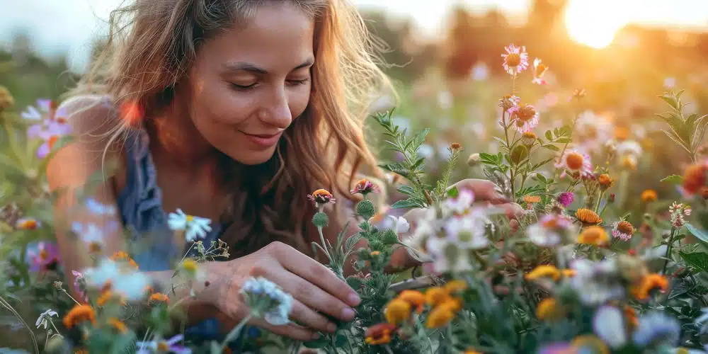 a-woman-smiling-with-her-eyes-closed-picking-flowers