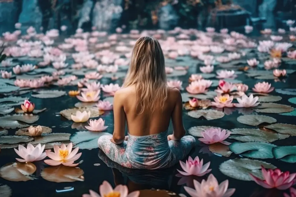 woman practicing yoga on flowers