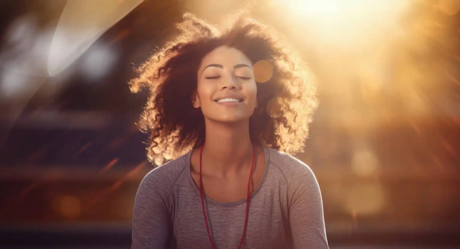 a woman smiling with eyes closed