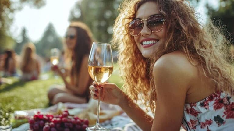 A cheerful woman enjoying a glass of wine outdoors, representing different types of alcoholics in social settings