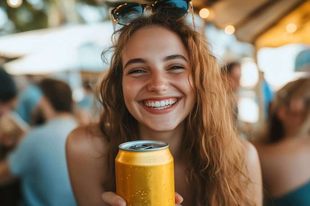 A smiling young woman holding a beverage can at a gathering, highlighting the social aspect of certain types of alcoholics