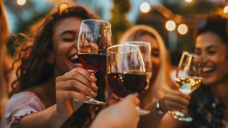 A group of friends raising glasses of red and white wine, symbolizing various types of alcoholics in celebratory environments