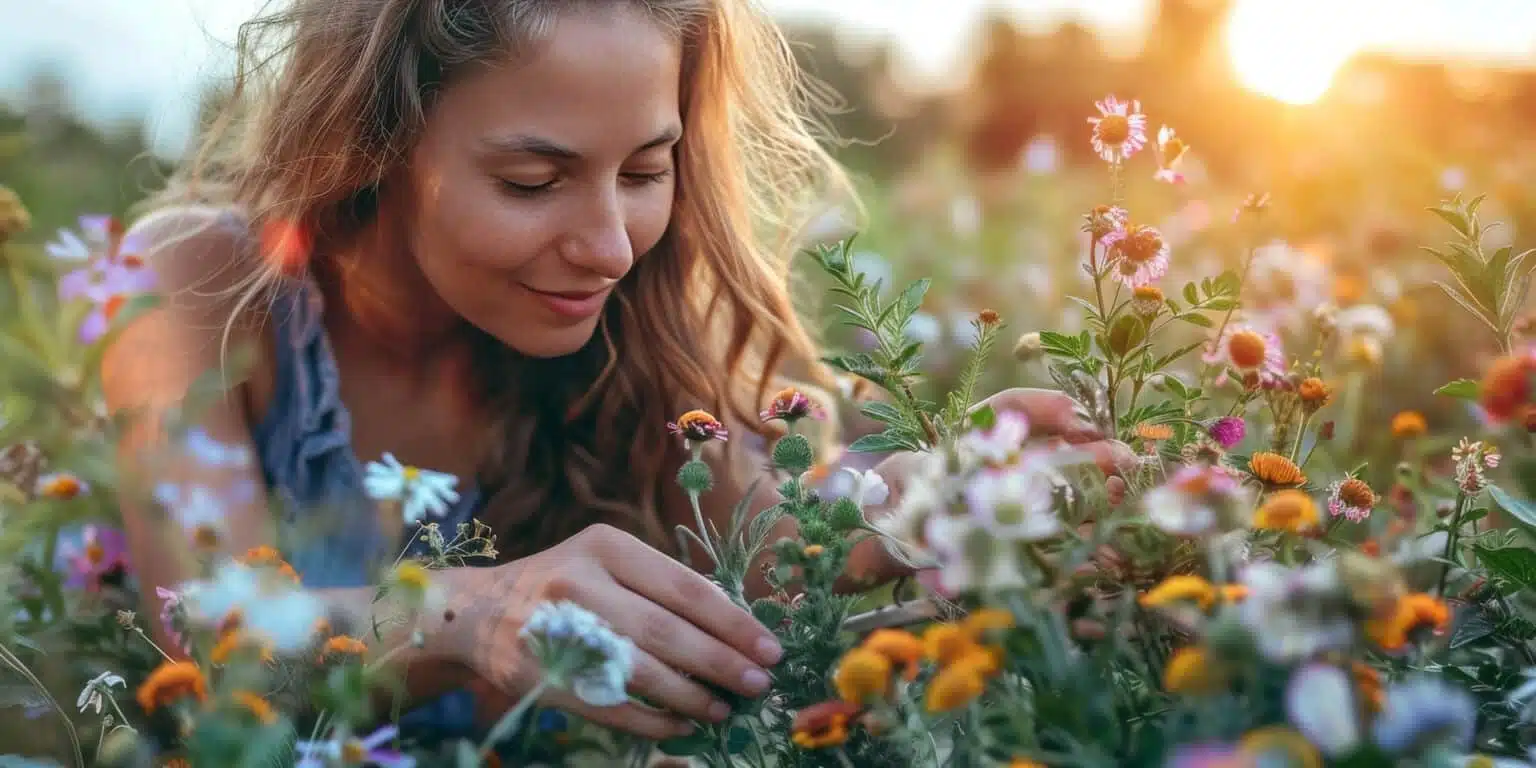 a woman tending to flower garden